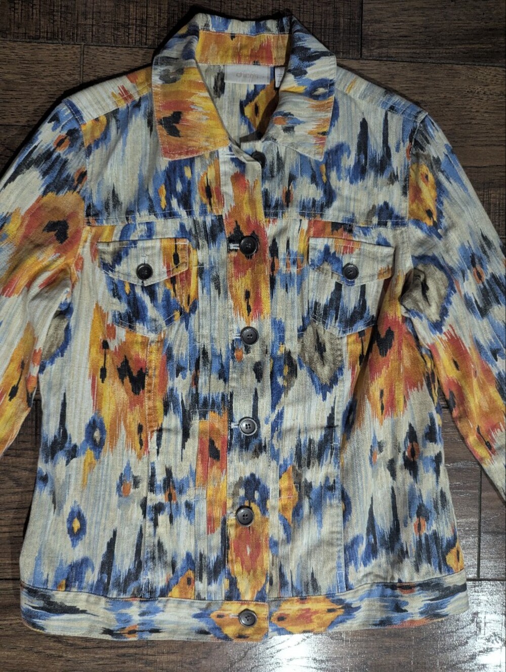 Chicos Linen Blend Orange & Blue Watercolor Ikat Southwest Print Jacket Size Med